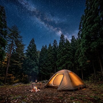星空の下で温かく輝くソロキャンプテント 夜の森の静寂と贅沢なアウトドア空間