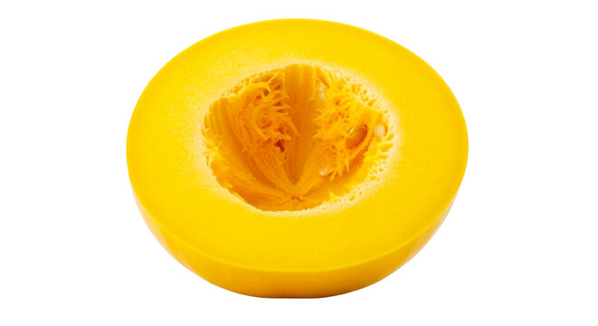 Cross section of a bright yellow pumpkin showing fibrous interior