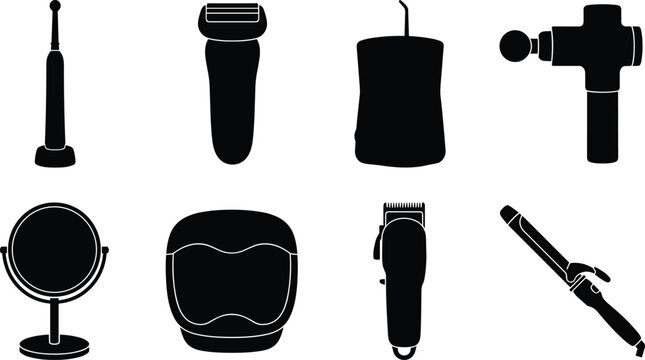 Silhouettes of personal care and grooming devices including toothbrush, shaver, massage gun, mirror, clippers and styling tools