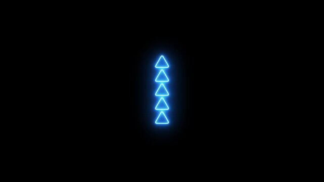 A vertical column of four bright neon blue triangles pointing upwards on a black background signifying advancement, direction, or a loading sequence Keywords: triangles, blue, neon, glowing