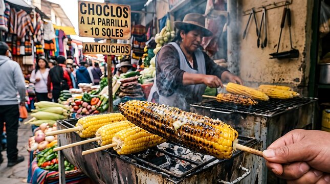 A street vendor grilling corn on the cob at a bustling outdoor market.