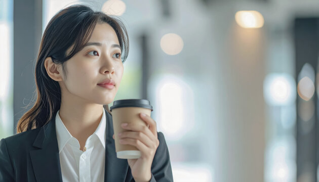 Office Worker Holding Takeaway Coffee with Copy Space, Daily Expense Concept