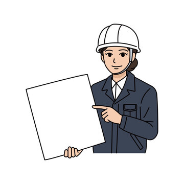 ヘルメット姿で安全掲示板や図面を示して説明するネイビー作業着の女性現場監督イラスト