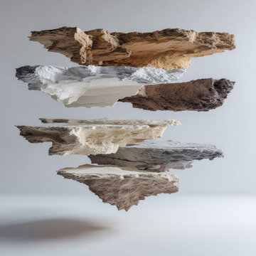 공중에 떠 있는 3D 레이어드 암석과 우드 섬 블록 추상 조각, Floating 3D layered rock and wooden island blocks abstract sculpture