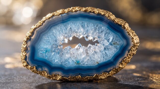 Sliced blue agate crystal with golden edges displayed on natural stone surface