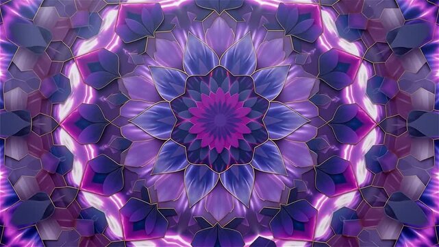 Purple flower mandala pattern rotating in seamless loop hypnotic digital art background.