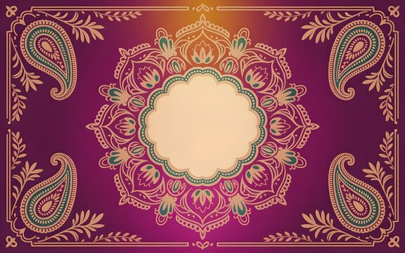 Intricate mandala design featuring ornate paisley patterns and circular central floral motifs rendered in soft cream colors against a deep purple background creating an elegant vintage style border fo