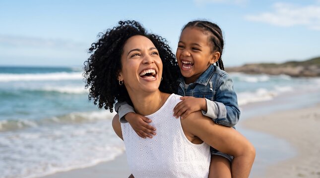 Happy mother carrying her young daughter on her back at the beach