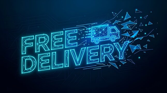 Futuristic glowing neon free delivery banner with digital wireframe truck and polygon mesh particles on dark background