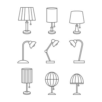 Table lamp line icon set with office desk lamps and bedroom lightings
