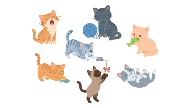 Cute kitten vector character collection with playful cartoon cats kittens yarn toy mouse and fish elements