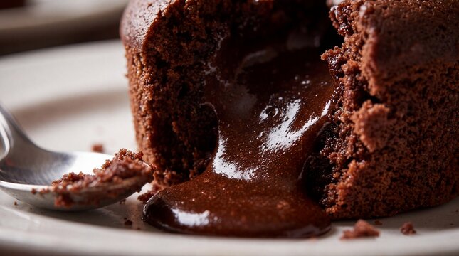 Delicious molten chocolate lava cake served on white plate with silver spoon in close up shot displaying rich dark texture