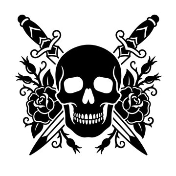 Gothic skull and crossed daggers illustration with roses and thorns in black silhouette tattoo style