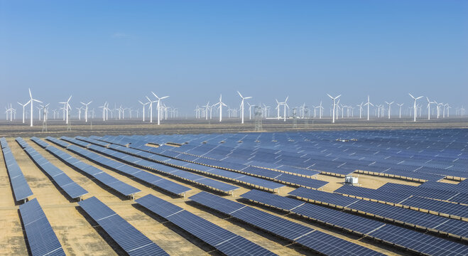 Solar Photovoltaic Farm and Wind Turbines in Desert Landscape