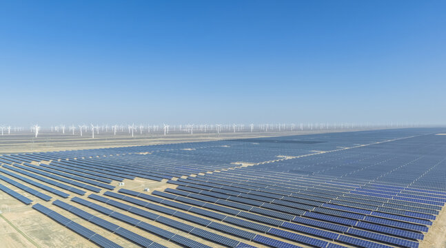 Massive Solar Panel Farm and Wind Turbine Array in Gobi Desert