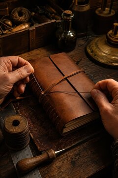 Leather journal hand bound with waxed thread craft workbench