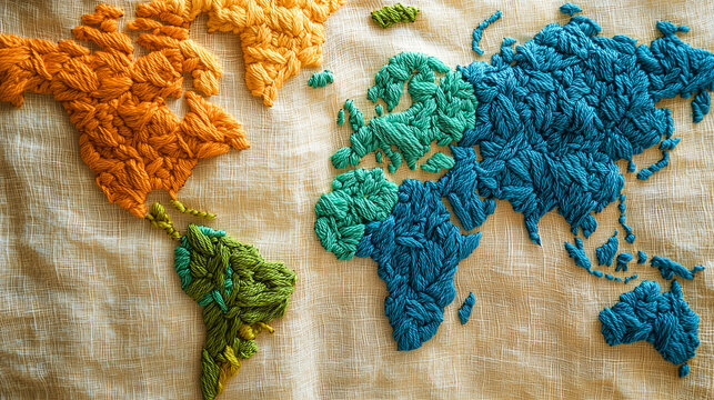 화려한 색상의 직물 자수 세계지도 텍스타일 아트 클로즈업, Vibrant colorful embroidered world map textile art closeup