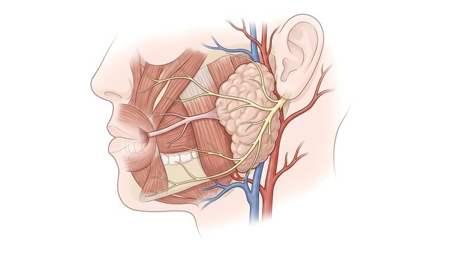 Anatomical lateral view diagram of human face showcasing parotid salivary gland and parotid duct course