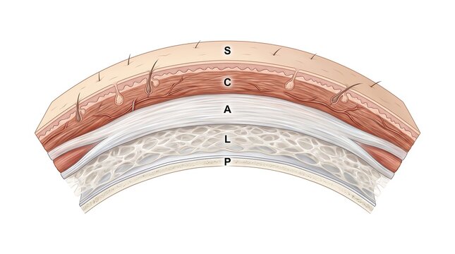 Cross section medical illustration detailing the five anatomical layers of the human scalp architecture