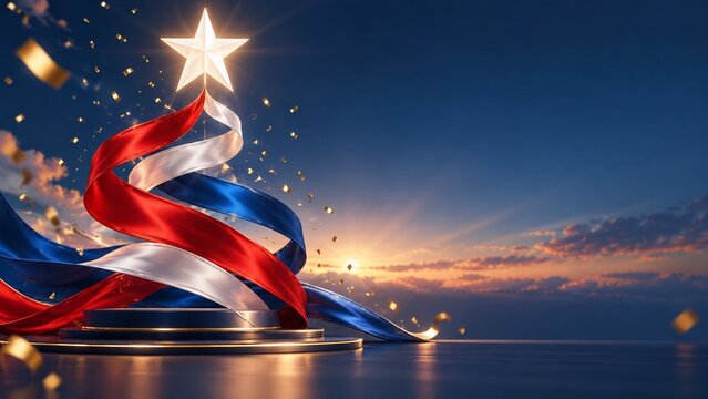 3D rendered Cuban flag ribbon shaped like a star on a podium for National Day celebration, The Triumph of the Revolution