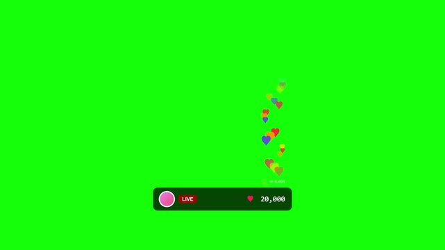 Live Stream Interface Overlay with Floating Hearts on Green Screen.