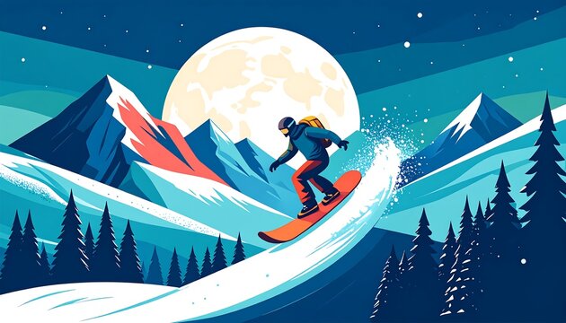 Snowboarder riding on a snowy mountain slope at night with a large full moon, stylized vector illustration
