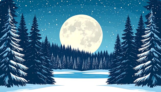 Winter night landscape with glowing full moon and snow-covered pine forest retro vector illustration