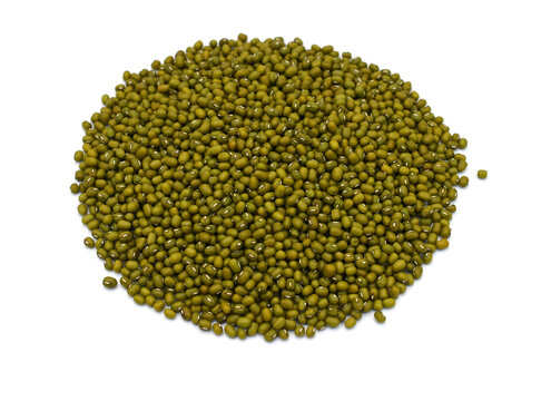 Pile of green mung beans isolated on white background