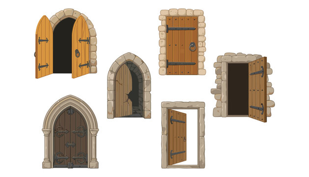 Medieval castle wooden doors set with ancient stone arches, iron hinges, gothic entrances, and dungeon gates isolated on white background.