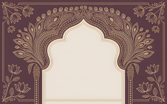 Ornate archway design featuring intricate golden peacock feather patterns and blooming lotus flower motifs set against a deep luxurious burgundy background creates a sophisticated border perfect for e