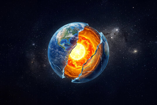 Cracked earth marble floating in void revealing planetary layers and core