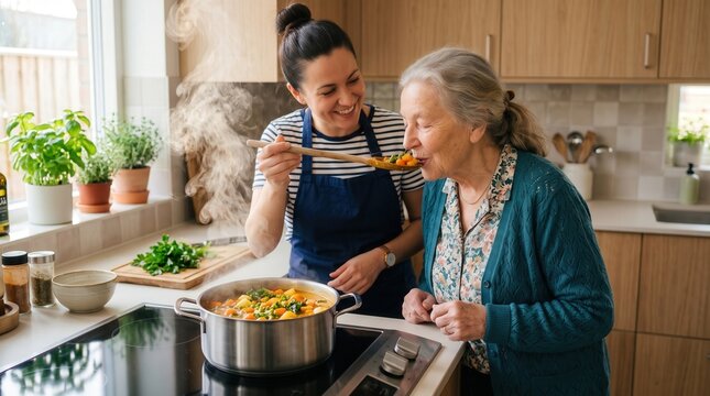 Caregiver feeding senior woman hot vegetable soup in a kitchen, featuring a moment of compassion and nutritional support for geriatric nursing and home healthcare services.