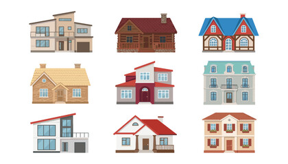Fototapeta premium Residential house vector collection featuring diverse architectural building designs modern family villas log cabin cottage and city apartments facades.