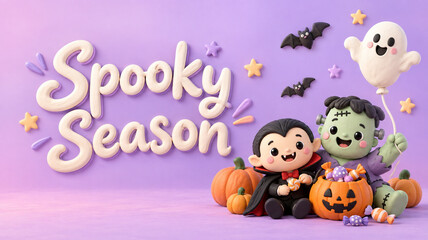 Fototapeta premium Cute Halloween Spooky Season 3D Illustration with Vampire, Frankenstein, and Ghost Characters