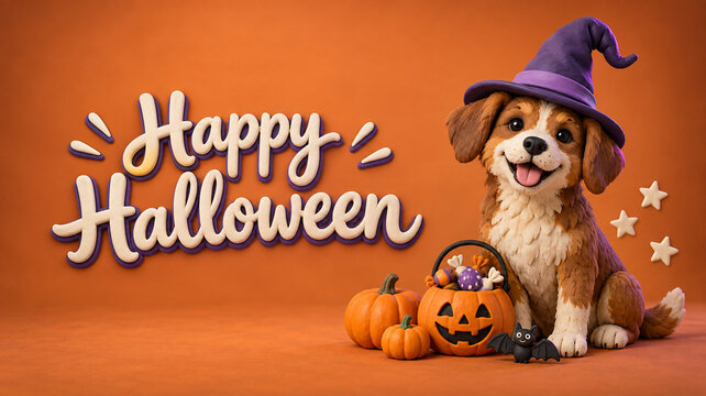 Cute puppy wearing a witch hat with Happy Halloween text, pumpkins and candy bucket, clay art style illustration