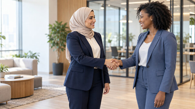 Diverse businesswomen shaking hands in a modern office, representing professional partnership, corporate collaboration, and successful deal making in a multicultural workplace environment.
