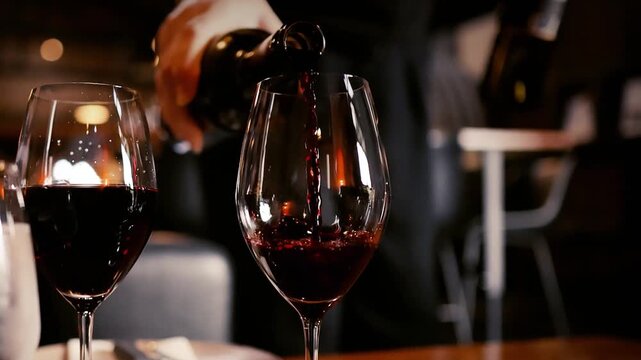 Closeup slow motion video of server pouring red wine into a glass in a restaurant setting, showcasing elegant motion and rich liquid.