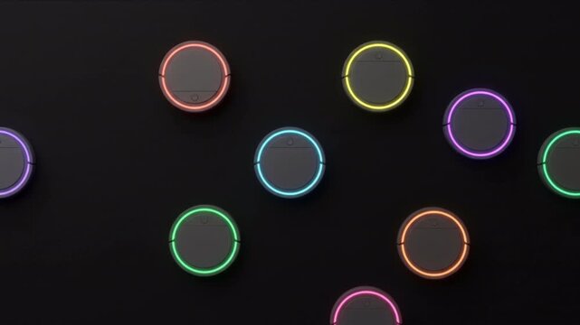 ロボット掃除機アイコンが黒背景の埃粒子を清掃し浄化する抽象幾何学CG動画