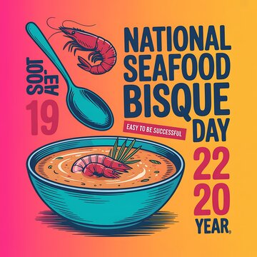 National seafood bisque day celebration with bowl of soup and shrimp illustration