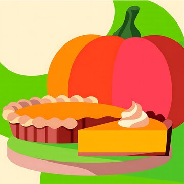 Flat vector illustration of a pumpkin pie with whipped cream and a whole pumpkin on a colorful background