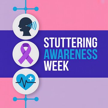 Stuttering awareness week banner with speech icon, purple ribbon, and heart rate symbol