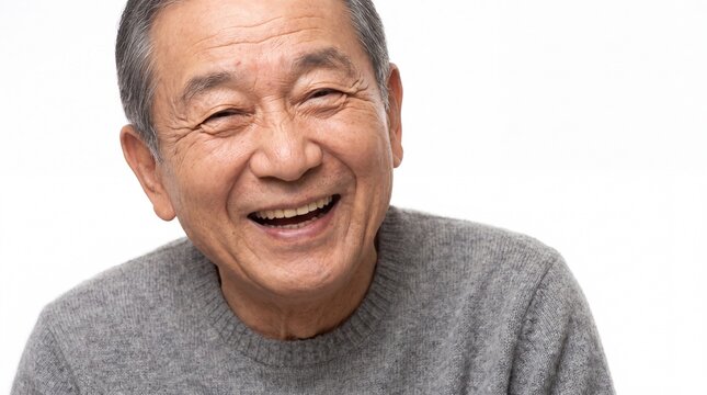Happy elderly asian man smiling and laughing isolated on white background with senior man