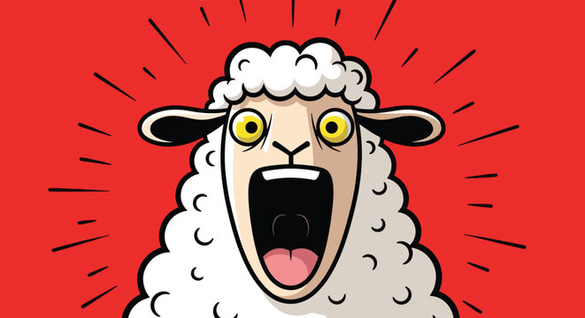 Funny cartoon illustration of a screaming sheep with wide eyes on a red background.