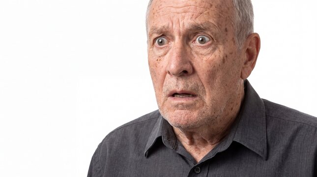 Elderly man with shocked expression and wide eyes looking startled on white background