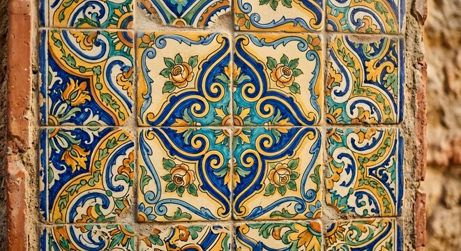 hand-painted ceramic tile patterns on a heritage building wall