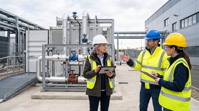 Women in Climate Tech Leadership concept. Team discussing a project at a construction site with safety gear on.