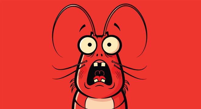 Funny shocked red lobster cartoon character on bright background.