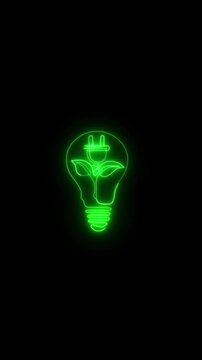 Neon green ecological light bulb logo animation glowing with electric plug and leaf symbols representing sustainable energy solutions isolated against solid black background.