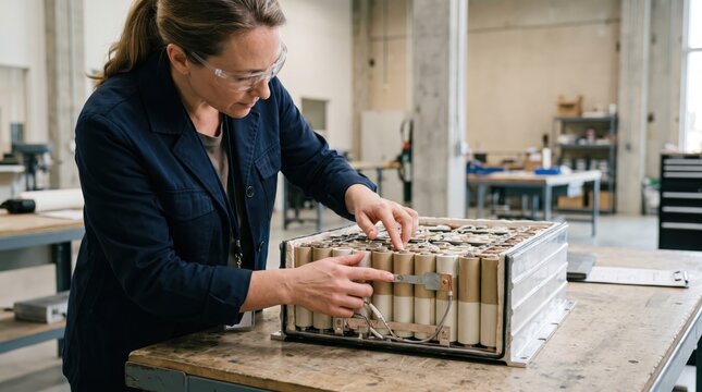 Women in Climate Tech Leadership concept. A woman assembles a metal crate in an industrial workshop.