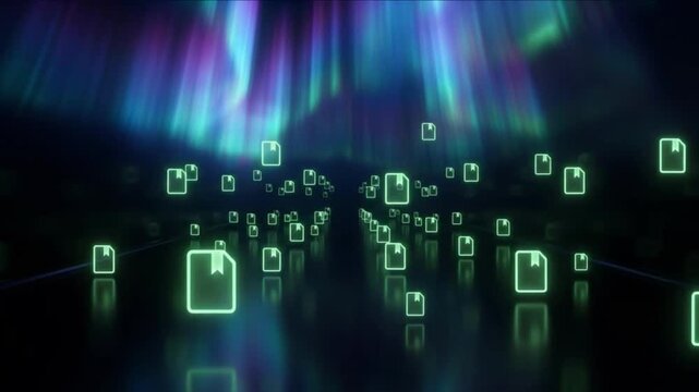 漆黒の空間に緑色に光る文書と栞のアイコンが浮遊する抽象データCG動画